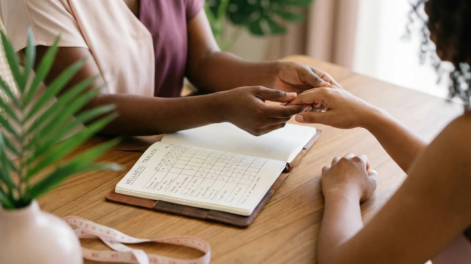 Carnet de suivi et mètre ruban posés sur une table, mains de la praticienne et de la cliente