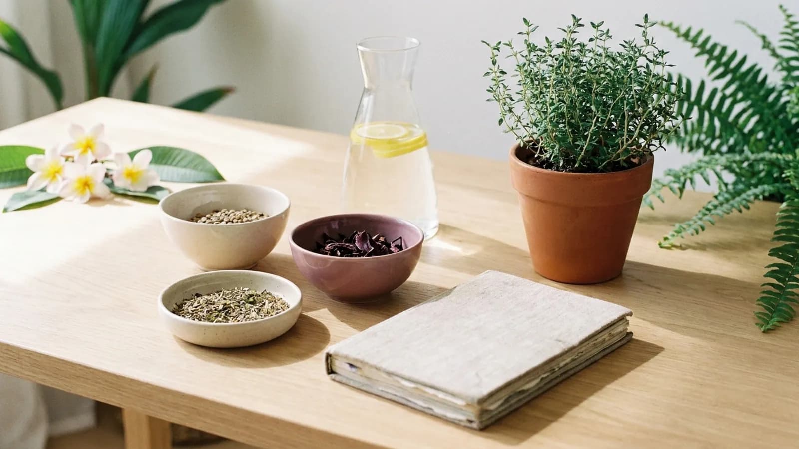 Bols de graines et d'herbes séchées, carafe d'eau citronnée et carnet sur une table en bois