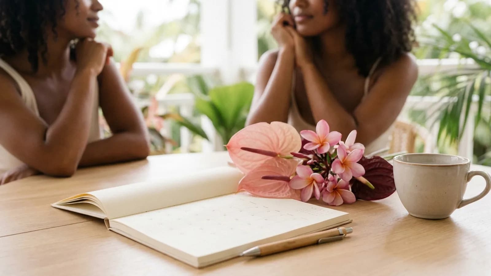 Calendrier ouvert, stylo et fleurs tropicales roses sur une table en bois clair