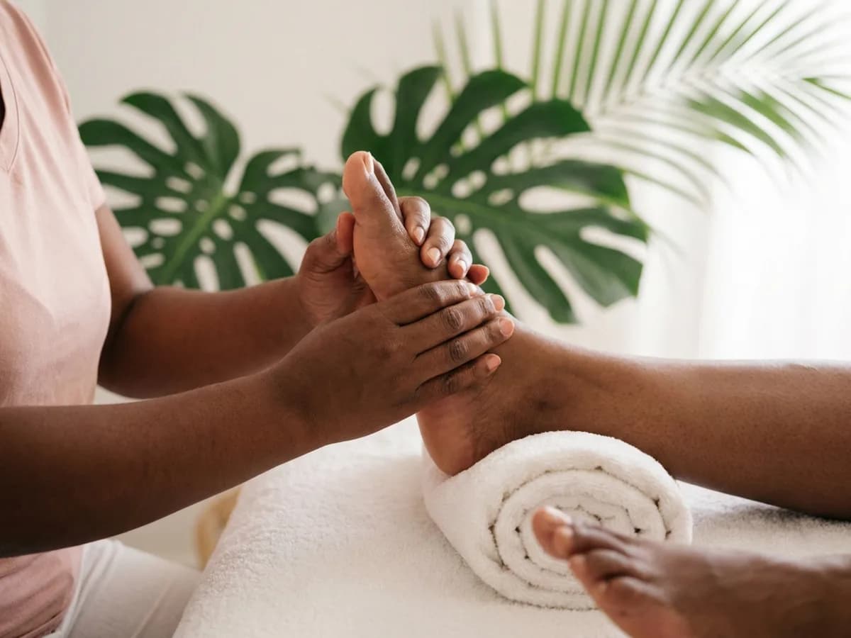 Mains d'une praticienne exerçant des pressions sur la plante du pied d'une cliente