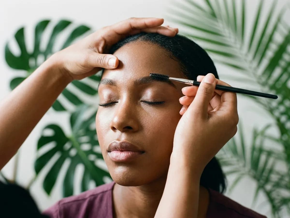 Praticienne redessinant les sourcils d'une cliente au pinceau, yeux fermés