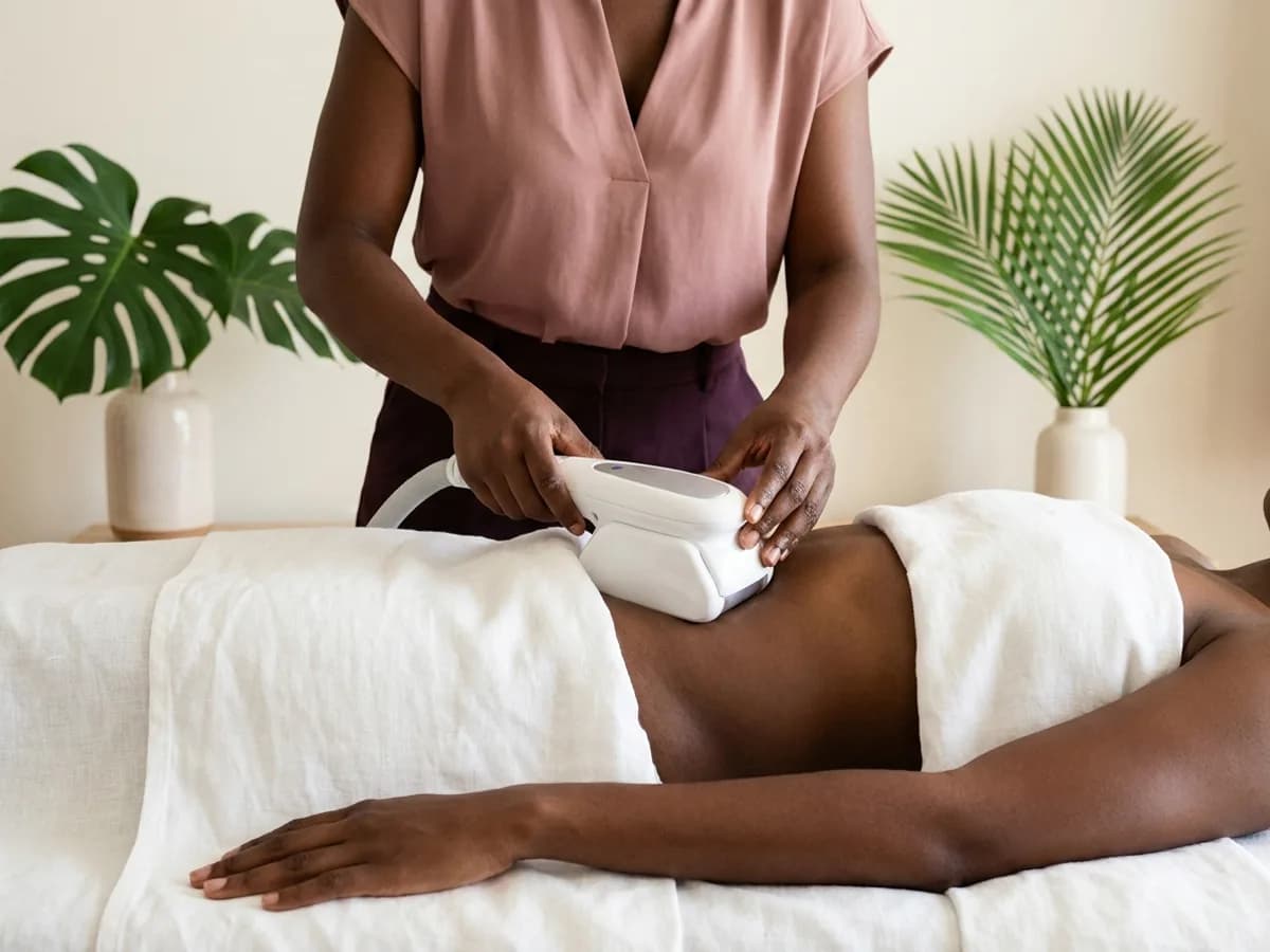 Applicateur de cryolipolyse posé sur le ventre d'une cliente en cabine
